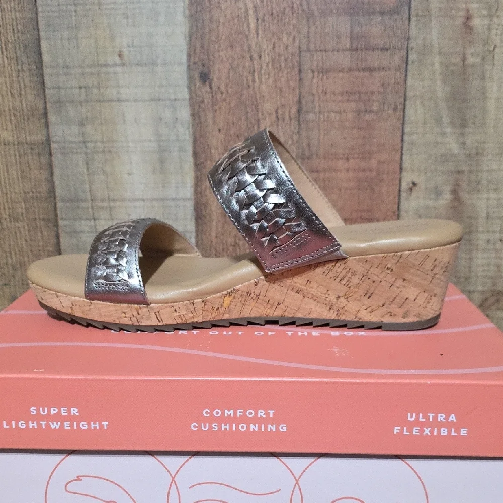 Easy Spirit Silver Metallic Two-Band Cork Wedge Slide
